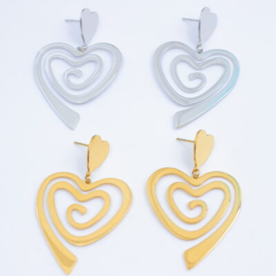 Boucles d&rsquo;oreilles pendantes cœurs spirale argentées et dorées